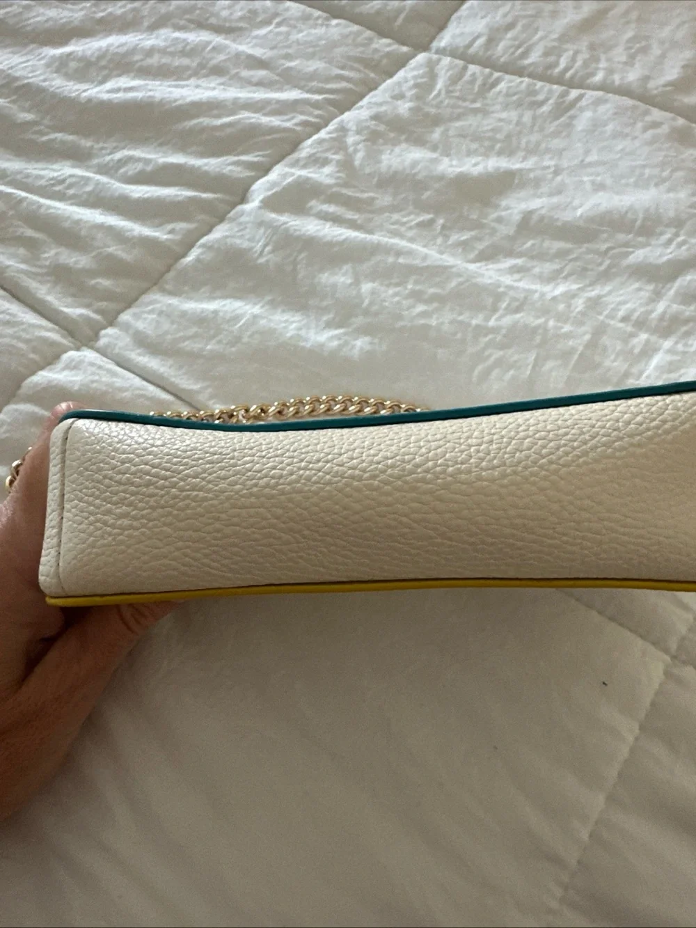 Coach White Pebbled Leather Shoulder Bag with Teal and Pink Trim